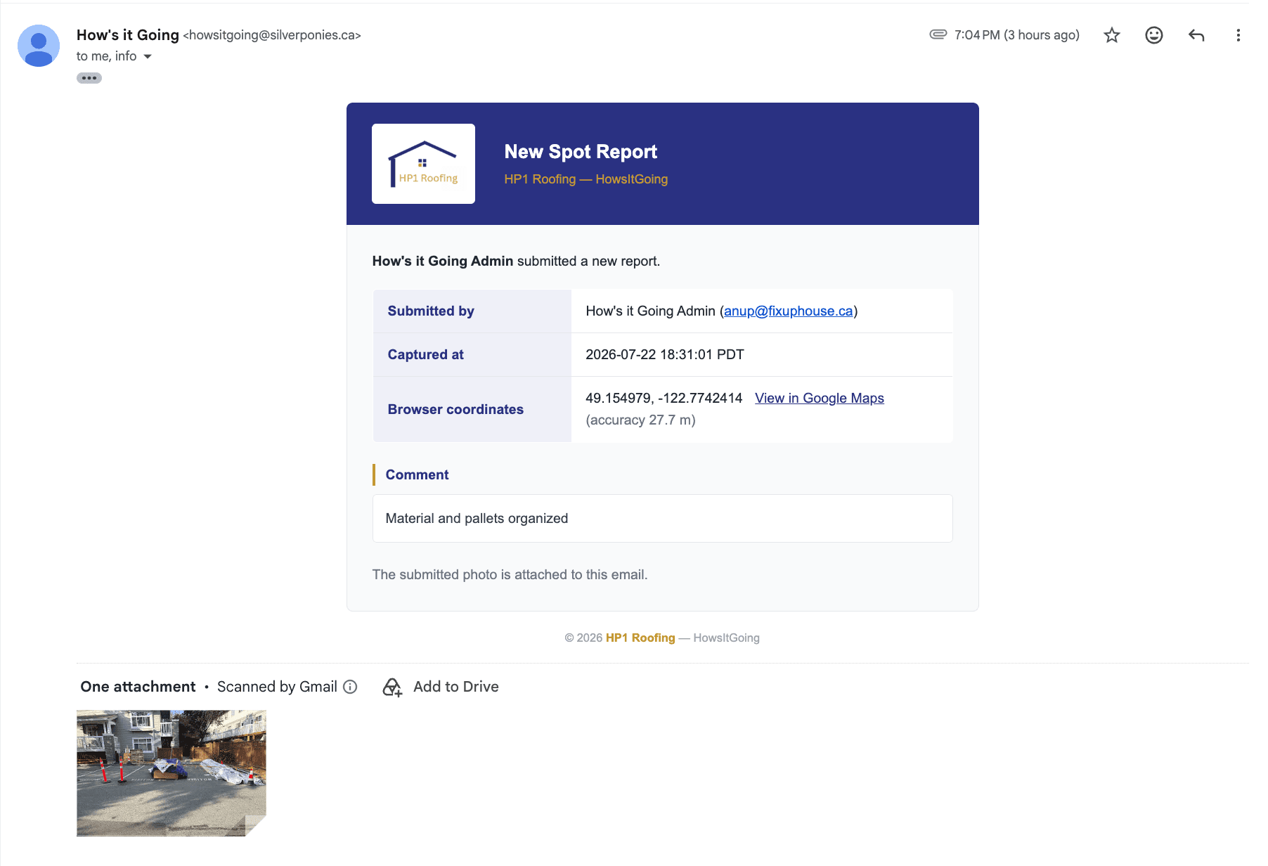 Branded How’s It Going spot report email with submission details and photo attachment